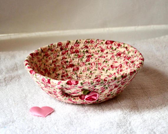 Vintage Rose Shabby Chic Basket, Handmade Key Holder, Desk Accessory, Summer Garden Bowl, Ring Dish or Dresser Tray, Mother Birthday Gift