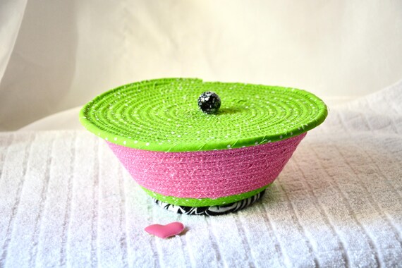 Whimsical Gift Basket, Fun Jewelry Bowl, Pink Lidded Basket, Handmade Clip Holder, Bath Tissue Holder, Funky Green Basket with cover