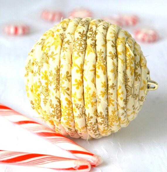 Handcrafted Gold Fabric Christmas Ball Ornament: Shabby Chic Holiday Decor