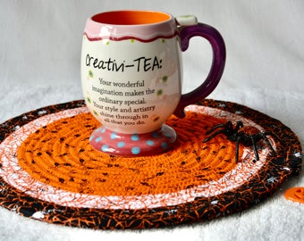 Halloween Place Mat, Fall Orange Decoration, 1 Handmade Halloween Trivet, 11"  Place Mat, Cute Spider Web Table Mat, Hot Pad