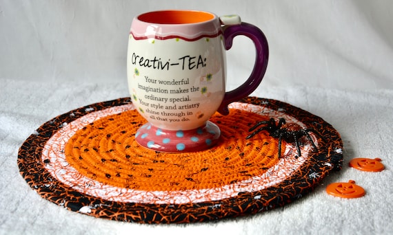 Halloween Place Mat, Fall Orange Decoration, 1 Handmade Halloween Trivet, 11"  Place Mat, Cute Spider Web Table Mat, Hot Pad
