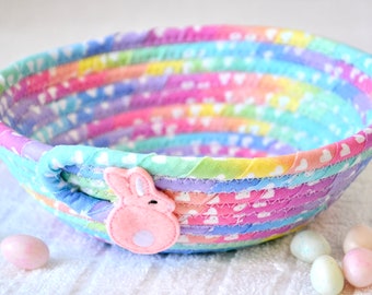 Easter Candy Bowl, Pastel Easter Bunny Basket, Cute Key Bowl, Handmade Potpourri Basket, Easter Office Gift Basket, Small Fabric Rope Bowl