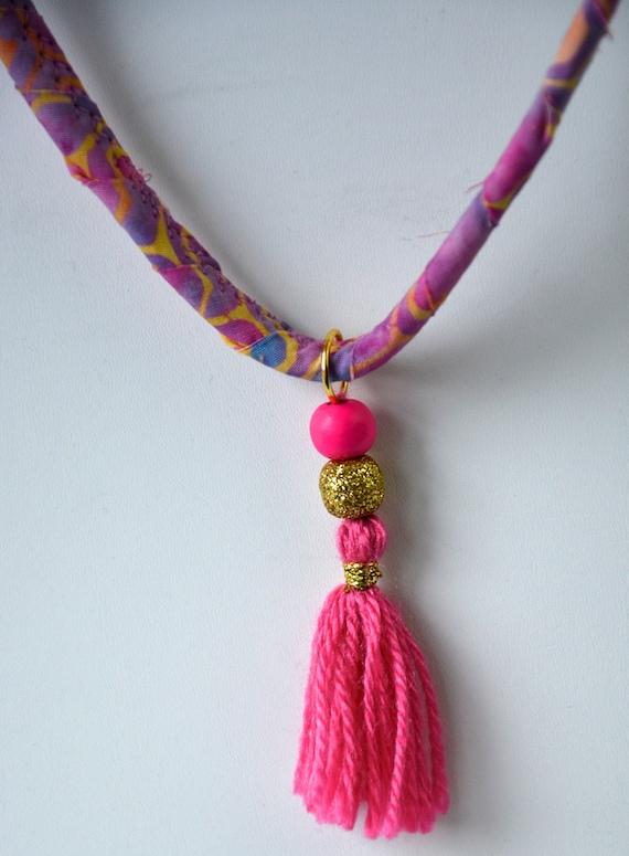 Hot Pink Tassel Necklace, Birthday Gift for Her, Handmade Batik Fiber Necklace, Pink Fabric Jewelry, Mauve Batik Necklace, Cruise Necklace