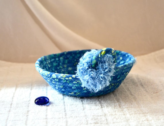 Winter Snowball Candy Bowl, Handmade Blue Batik Fabric Basket, Small Trinket Ring Dish