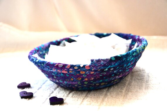Handmade Purple Batik Fabric Basket, Small Candy Bowl, Ring Dish