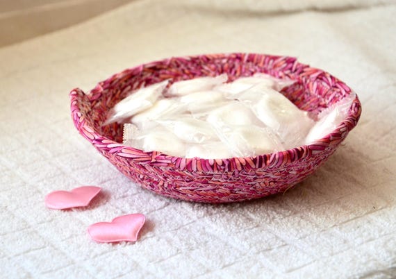 Handmade Shabby Chic Basket: Pink Rose Fabric Bowl, Cottage Decor
