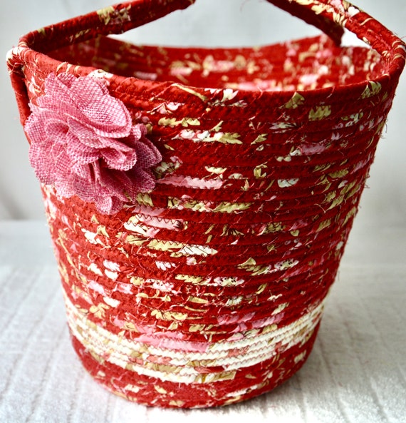 Fall Tote Bag, Shabby Chic Rose Basket, Pretty Autumn Red Tote Bag, Laptop Case, Handmade Victorian Rose Bag, Soft Floral Fabric Basket