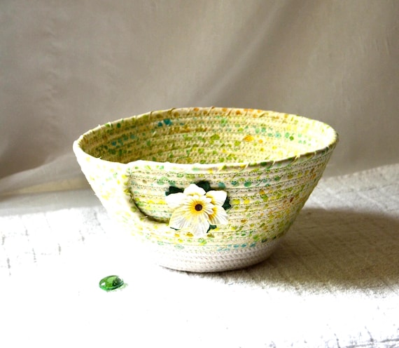 Handmade Green Batik Fabric Basket: Artisan Coiled Bowl, Country Cottage Decor