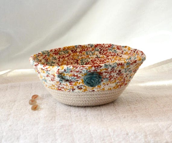 Teal Candy Bowl, Mother Birthday Gift, Key Holder, Handmade Woven Rope Basket, Hand Coiled Fabric Basket, Turquoise Floral Fruit Bowl