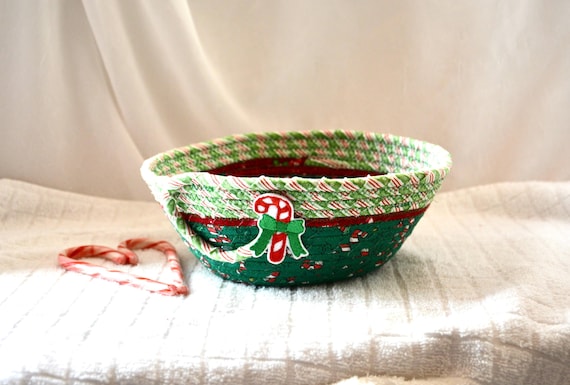 Holiday Candy Cane Fabric Bowl, Handmade Christmas Green & Red Basket
