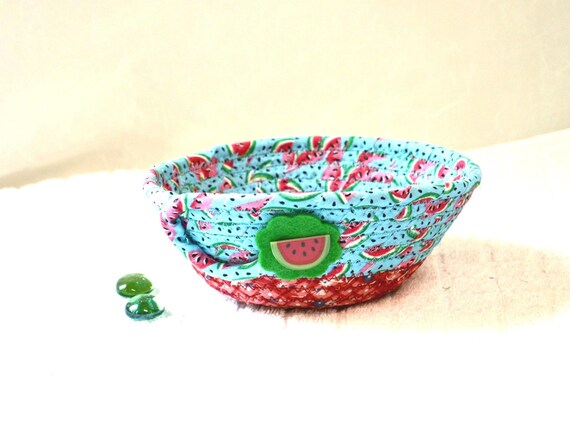 Watermelon Picnic Basket, Blue Patio Party Bowl, 1 Handmade Fabric Bowl, Cute Candy Dish, BBQ Cookout Gift Basket, Outdoor Decor Bowl