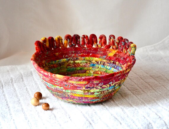 Artisan Batik Basket, Country Red Fruit Bowl, Fun Fabric Rope Basket, Handmade Bath Tissue Holder, Boho Potpourri Bowl, Whimsical  Basket