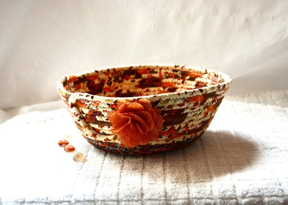 Earth Tone Candy Bowl, 1 Country Autumn Key Basket, Office Clip Holder, Fall Change Coin Bowl, Quilted Fabric Rope Basket, Fall Gift Basket