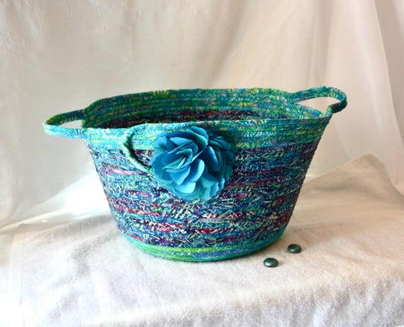 Farmhouse Batik Fabric Basket, Beautiful Blue Storage Container, Handmade Yarn Holder, Shawl and Scarf Bin, Toy Organizer, Towel Holder