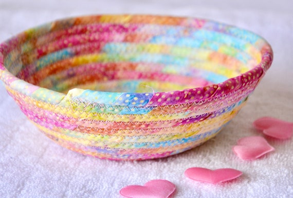 Party Candy Dish, 1 Handmade Batik Fabric Bowl, Pink Key Dish, Ring Tray, Tutti-Fruiti Cotton Basket, Potpourri Holder, Change Bowl
