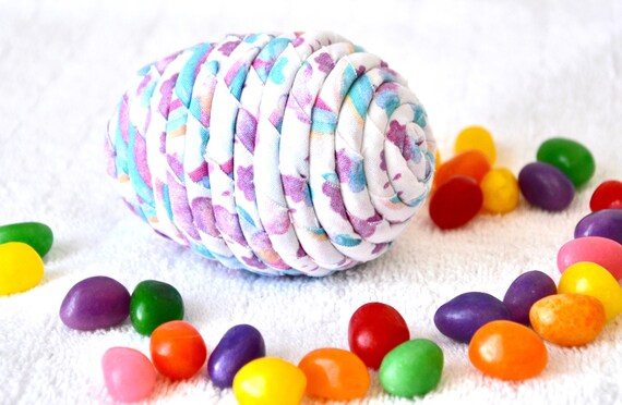 Handmade Easter Egg Ornament, Aqua and Pink Fabric Egg, Hand Coiled