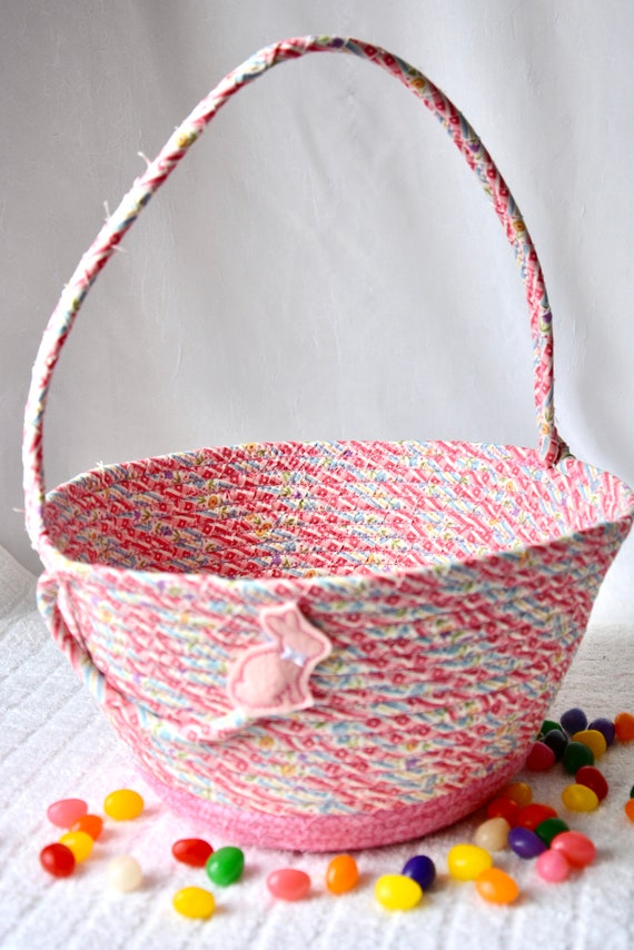 Pink Easter Basket, Easter Egg Hunt Tote Bag, Handmade Fabric Rope Basket