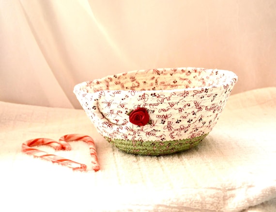Christmas Candy Bowl, Handmade Fabric Rope Basket, Holiday Candy Cane Holder