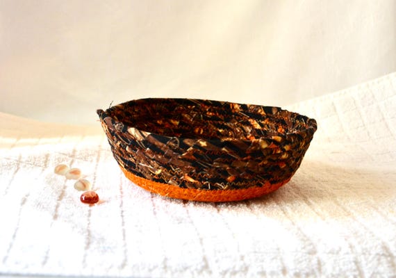 Fall Earth Tone Change Tray, Rustic Brown Basket, Handmade Fabric Rope Bowl, Autumn Key Holder, Desk Candy Dish, Gift for Dad Father