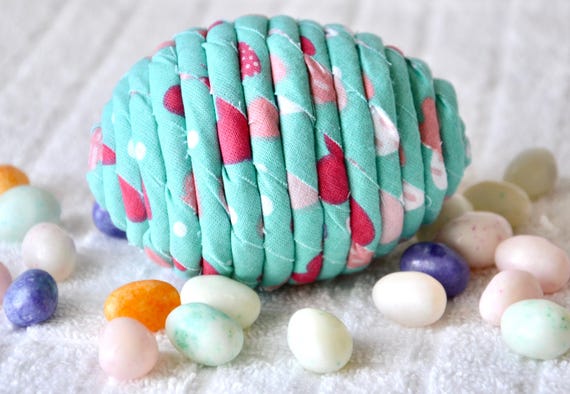 Aqua Easter Egg Ornament, 1 Handmade Easter Egg Hunt Toy, Handmade Coiled Blue Fabric Easter Egg