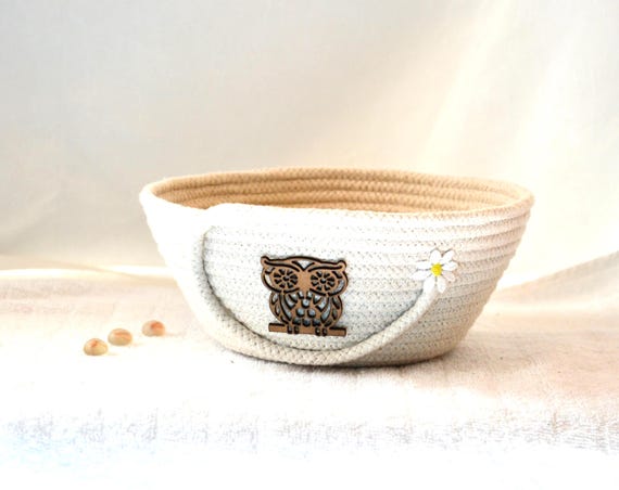 Handmade Rope Basket with Owl Accent, Country Key Holder,