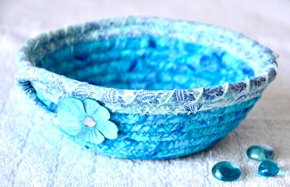 Aqua Candy Basket, Handmade Decorative Bowl, Quilted Fabric Basket, Coastal Gift Basket, Change Bowl, Small Ring Dish, Gift for her Mother