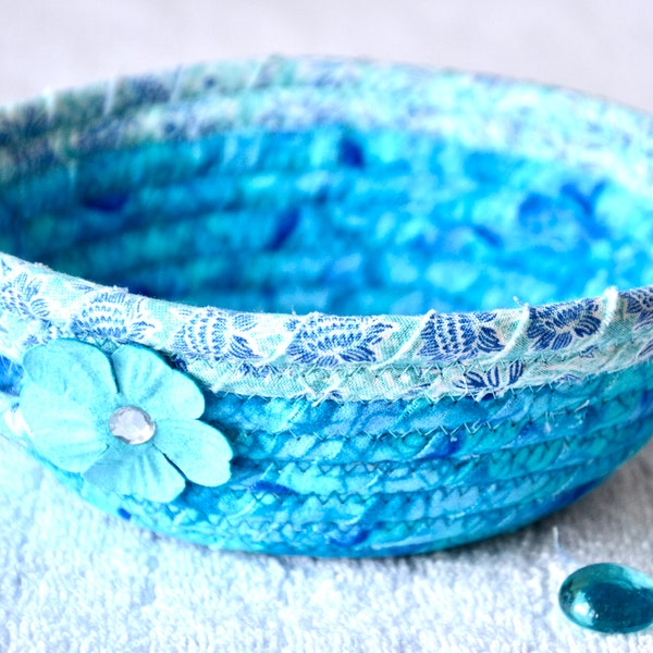 Aqua Candy Basket, Handmade Decorative Bowl, Quilted Fabric Basket, Coastal Gift Basket, Change Bowl, Small Ring Dish, Gift for her Mother