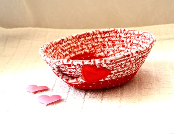 Valentine's Day Candy Dish, Handmade Red Fabric Bowl, Heart Party Favor