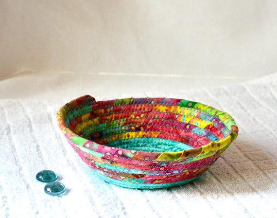 Handmade Batik Fabric Bowl: Small Quilted Candy Dish, Key Holder