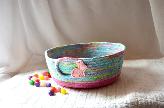 Handmade Easter Basket with Bunny Accent, Aqua and Pink Batik Fabric Bowl, Easter Decoration