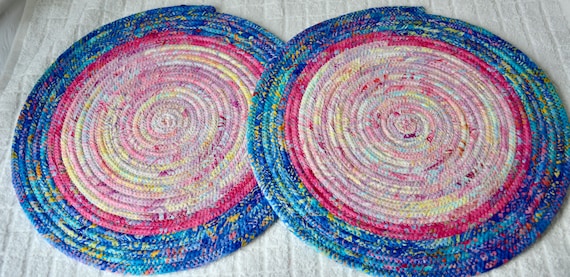Batik Place Mat, 1 Handmade Pink Trivet, Unique Blue Hot pad, Pretty Blue Table Topper, Table Runner, Coiled Fabric Rope Potholder