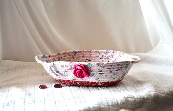 Handmade Shabby Chic Fabric Basket: Pink Rose Eyeglasses Bowl