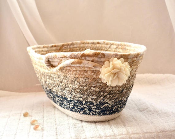 Handmade Beige Fabric Basket: Shabby Chic Mother's Day Gift, Mail & Napkin Holder, Handled Tote Bag