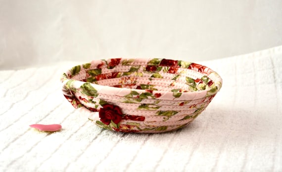 Mauve Shabby Chic Basket, 1 Handmade Fabric Bowl, Vintage Pink Candy Dish, Victorian Roses Basket, Small Desk Bowl, Gift for her girl