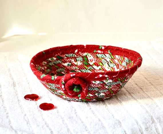 Christmas Candy Bowl, Handmade Holiday Bell Decoration, Cute Potpourri Holder, Entry Key Basket,  Fabric Rope Tray, Holiday Gift Basket