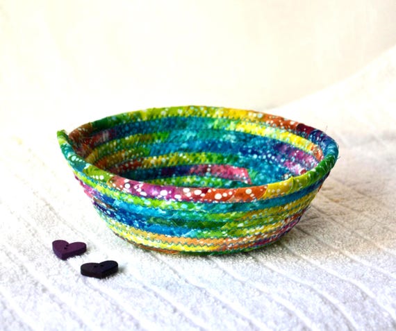 Handmade Candy Dish, Teal Batik Fabric Bowl, Country Ring Tray, Small Key Basket