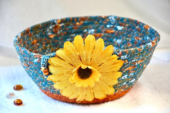 Fall Sunflower Basket, 1 Handmade Fabric Rope Basket, Autumn Teal Fruit Basket, Fall Mail Bin, Decorative Key Holder, Lovely Gift Basket