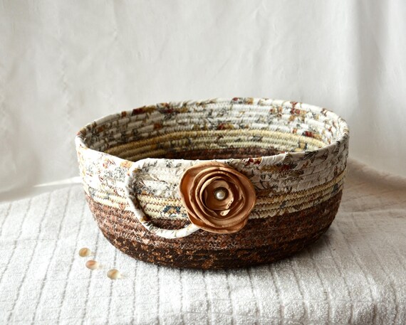 Handmade Textile Art Basket, Neutrals Cottage Basket, Country Earth Tone Basket, Shabby Chic Fabric Rope Bin, Unique Beige Gift Basket