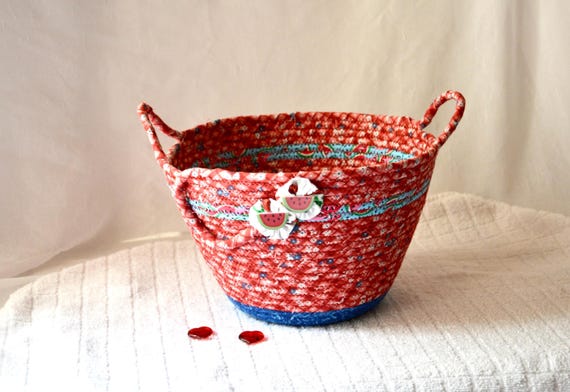 Watermelon Picnic Basket, Red Patio Party Bowl, Handmade Fabric Bowl, Summer Deck Basket, Kitchen Napkin Holder, Outdoor Decor Basket