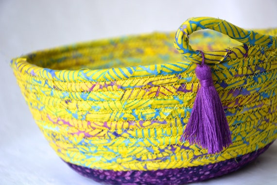 Whimsical Gift Basket, Candy Bowl, Purple Key Bowl, Handmade Batik Fabric Basket, Boho Fruit Bowl, Napkin Holder, Bread Basket