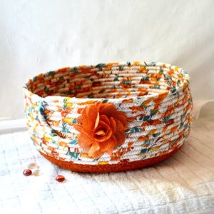 Decorative Fall Bowl, Festive Kitchen Basket, 1 Handmade Fabric Rope Basket, Autumn Napkin Holder, Lovely Terracotta and Teal Gift Basket