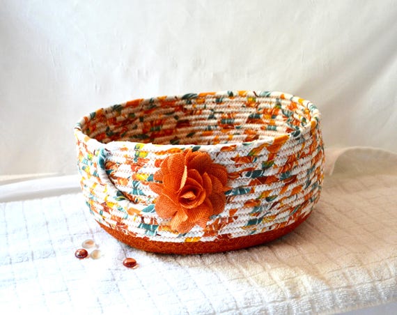 Decorative Fall Bowl, Festive Kitchen Basket, 1 Handmade Fabric Rope Basket, Autumn Napkin Holder, Lovely Terracotta and Teal Gift Basket