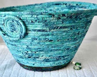 Handmade Turquoise Batik Fabric Basket, Gorgeous Office Waste Paper Basket, Pretty Foyer Scarf Holder, Hand Coiled Rope Basket