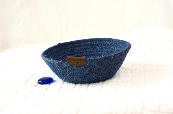 Country Key Holder, Denim Ring Dish, Handmade Gift Basket, Blue Ear Bud Basket, Small Fabric Rope Basket, Gift for him Dad, Candy Basket