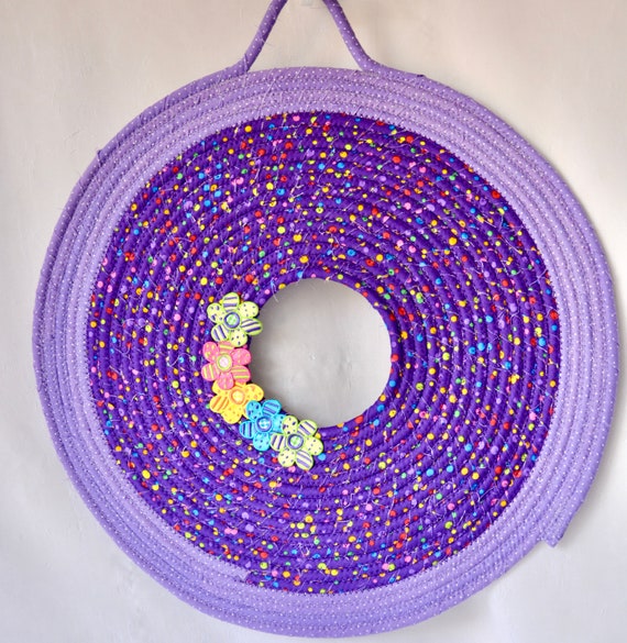 Purple Patio Wreath, Wall Hanger, Girl Wall Art, Artisan Fabric Quilted Wreath, Handmade Lavender Home Decor, Cute Girl's Room Decoration