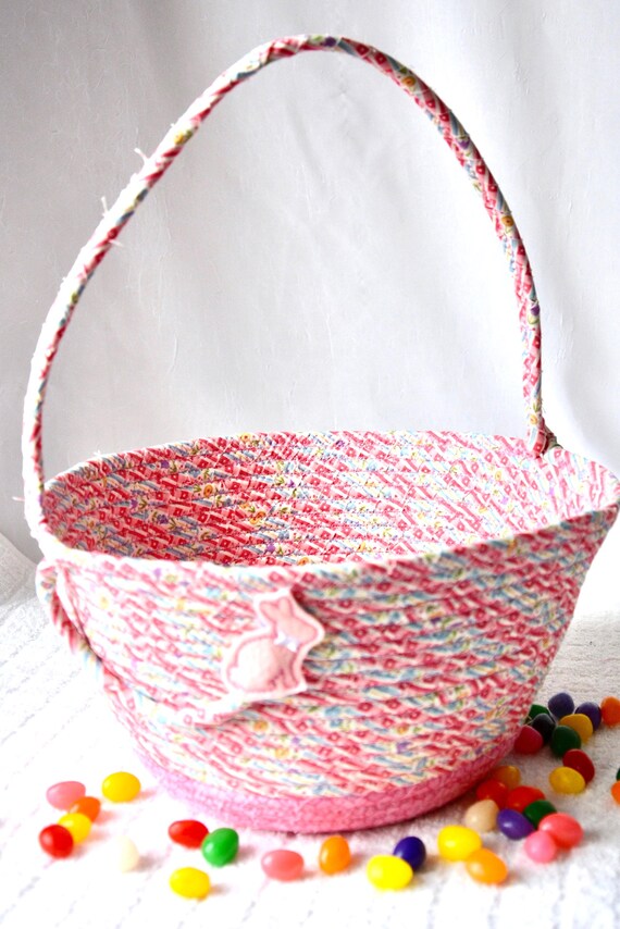 Pink Fabric Easter Basket, Bunny Accent, Nursery Decor