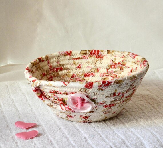 Shabby Chic Rose Basket, Beautiful Victorian Floral Decoration, Handmade Cottage Key Bowl, Floral Rose Napkin Holder, Country Gift Basket