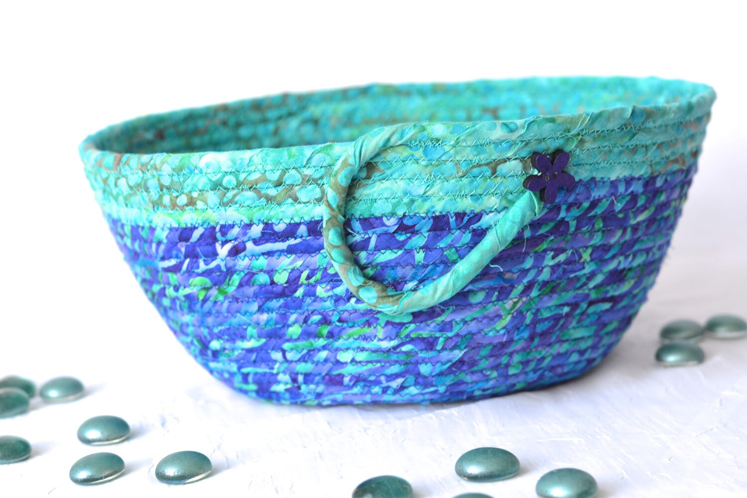 Turquoise Decor Basket, Handmade Napkin Holder, Hand Coiled Knitting