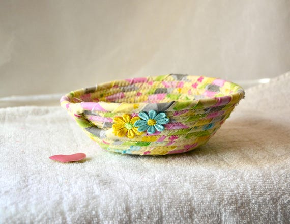Pastel Candy Bowl, Cute Gift Basket, Handmade Key Holder, Desk Clip Basket, Small Yellow Fabric Basket, Ring Dish, Gift for her girl