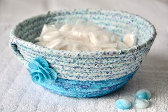 Unique Blue Candy Dish, 1 Handmade Batik Fabric Bowl, Key Dish, Ring Tray, Quilted Cotton Basket, Potpourri Holder, Get Well Gift Basket